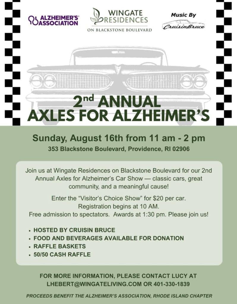 Axles for Alzheimer's Car Show event at Wingate Residences on Blackstone Boulevard in Providence, RI on August 16, 2026