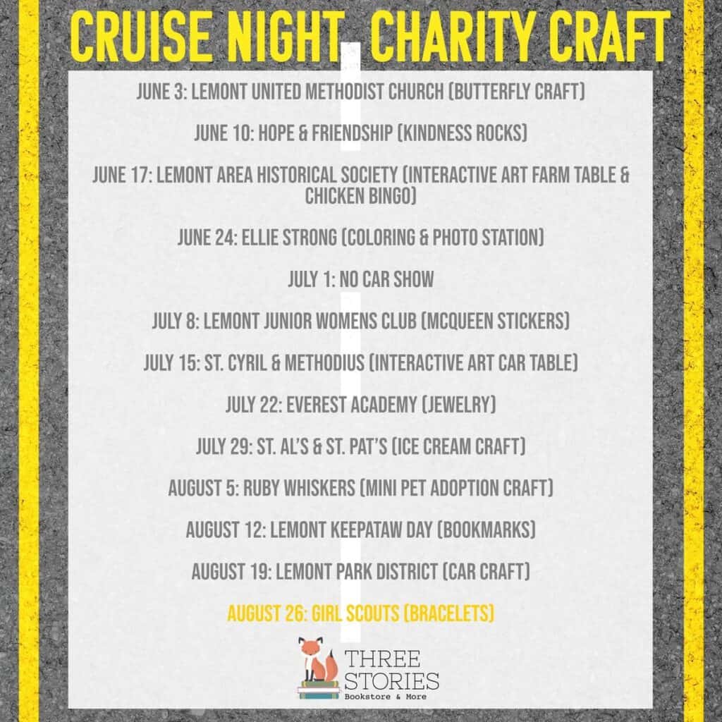 Cruise Night Charity Craft event at Three Stories Books in Lemont, IL on August 11, 2026