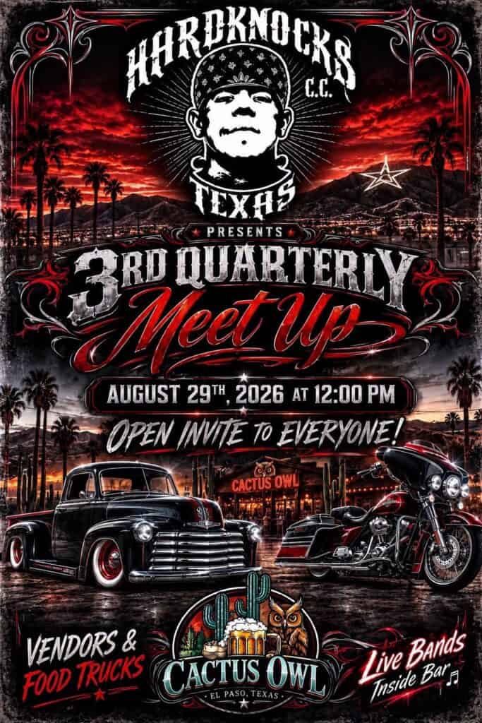 Hawkins C.C. Flyas 3rd Quarterly Meet up event at Cactus Owl in El Paso, TX on August 29, 2026