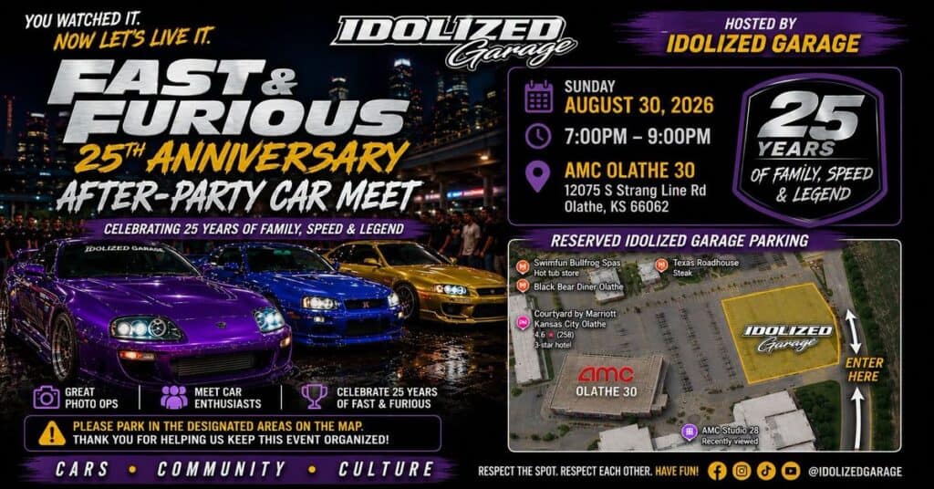 Fast & Furious 25th Anniversary After-Party Car Meet event at AMC Olathe 30 in Olathe, KS on August 30, 2026