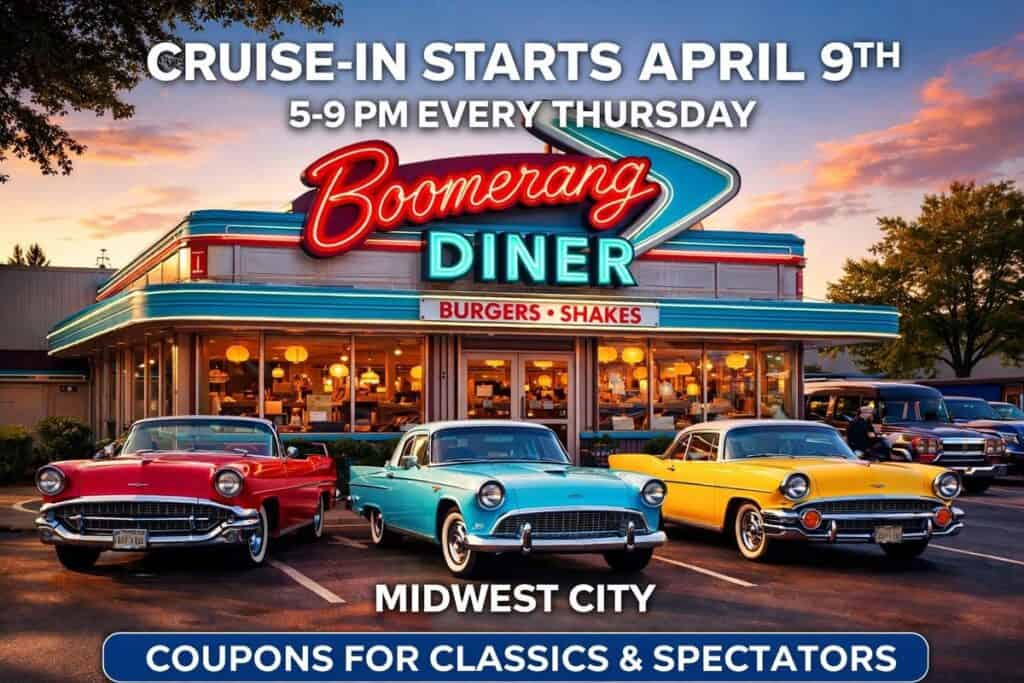 Boomarang Diner Cruise-In event at Boomarang Diner in Midwest City, OK on August 13, 2026