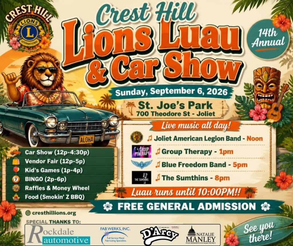 Crest Hill Lions Luau & Car Show event at St. Joe's Park in Joliet, IL on September 6, 2026