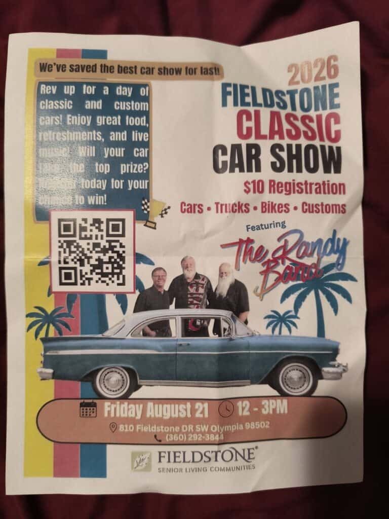 Fieldstone Classic Car Show event at Fieldstone of Olympia in Olympia, WA on August 21, 2026