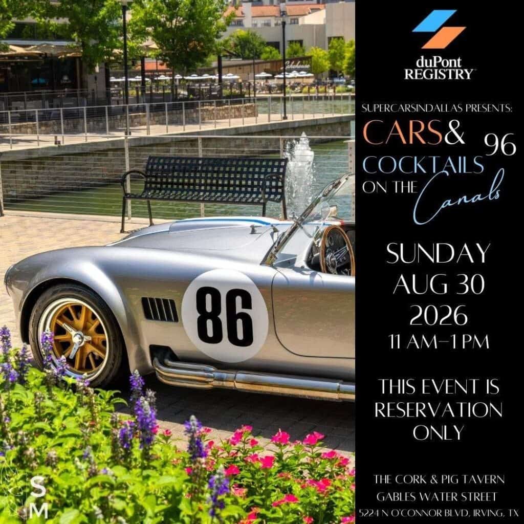 SupercarsInDallas Cars & Cocktails on the Canals event at Cork & Pig Tavern - Gables Water Street in Irving, TX on August 30, 2026