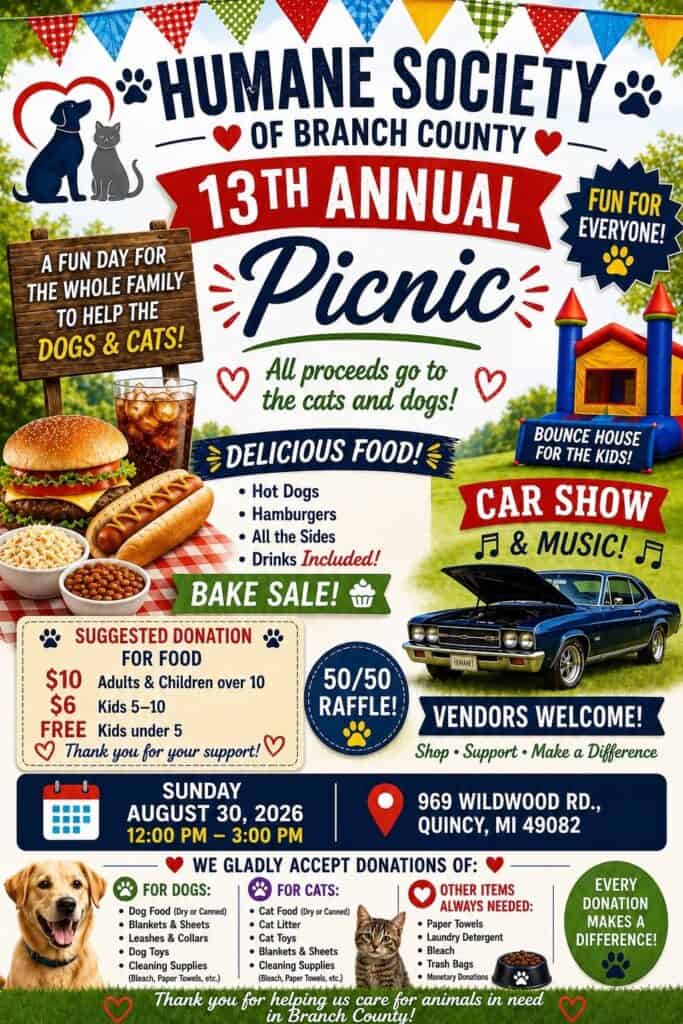 Humane Society of Branch County 13th Annual Picnic event at 969 Wildwood Rd. in Quincy, MI on August 30, 2026