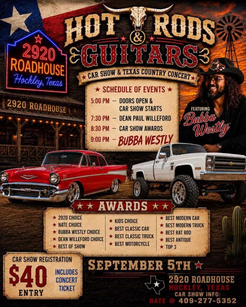Hot Rods & Guitars event at 2920 Roadhouse in Hockley, TX on September 5, 2026