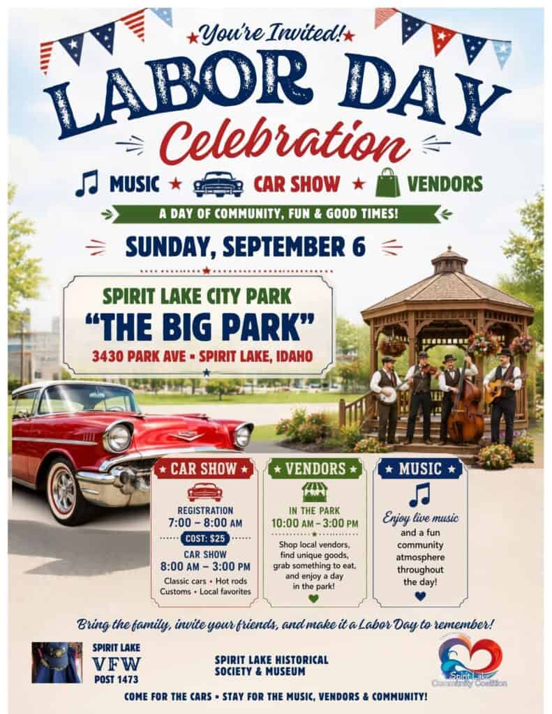 Labor Day Celebration Car Show event at Spirit Lake City Park in Spirit Lake, ID on September 6, 2026