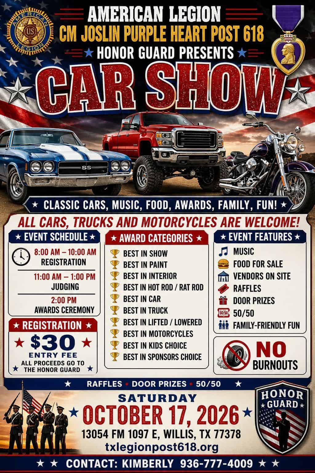 American Legion CM Joslin Purple Heart Post 618 Car Show event at 13054 FM 1097 E in Willis, TX on October 17, 2026