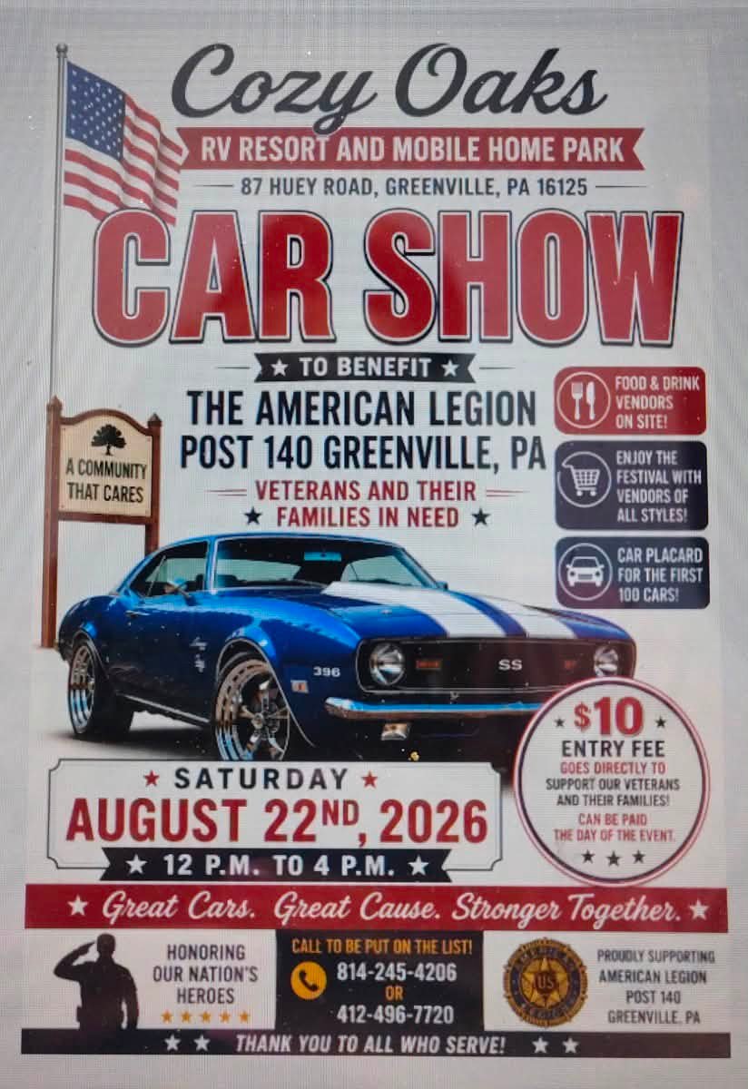 American Legion Post 140 Car Show event at Cozy Oaks RV Resort and Mobile Home Park in Greenville, PA on August 22, 2026