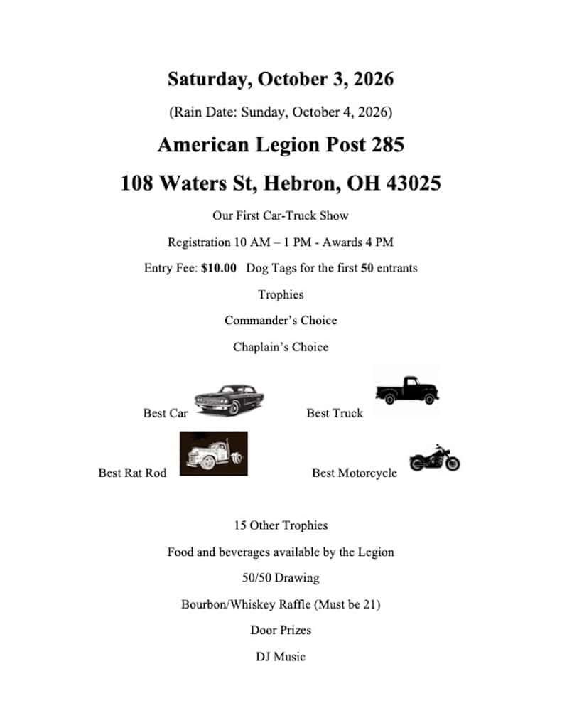 American Legion Post 285 Car-Truck Show event at American Legion Post 285 in Hebron, OH on October 3, 2026