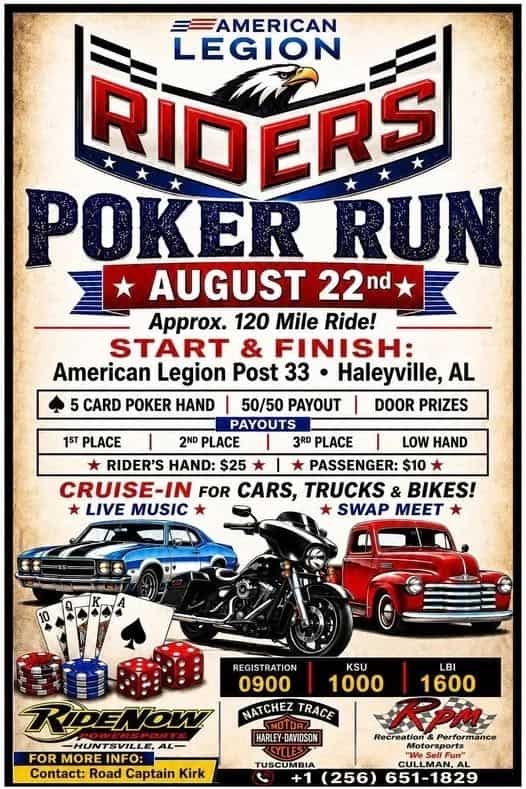 American Legion Riders Poker Run event at American Legion Post 33 in Haleyville, AL on August 22, 2026