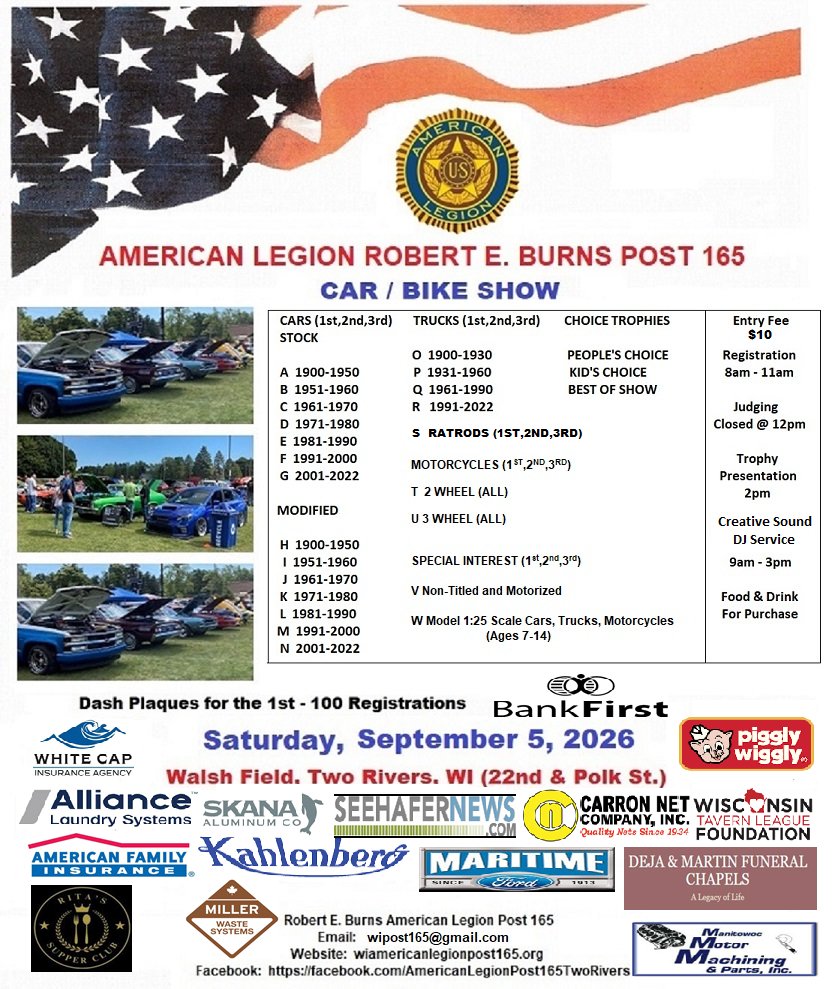 American Legion Robert E. Burns Post 165 Car / Bike Show event at Walsh Field in Two Rivers, WI on September 5, 2026