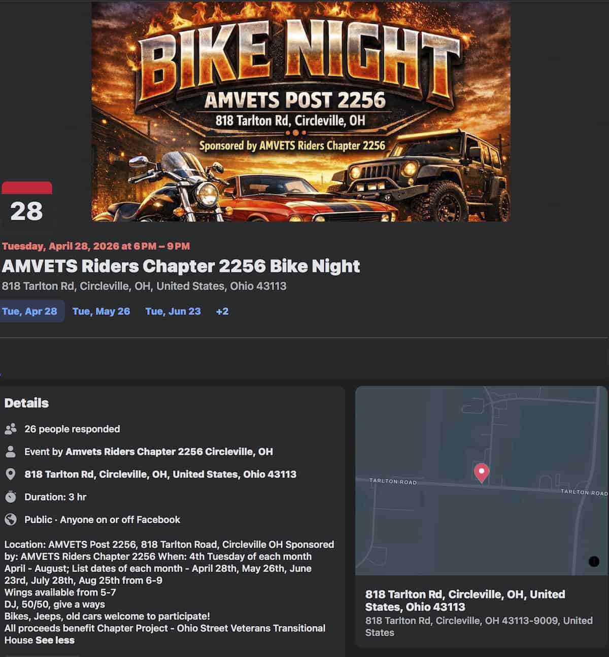 AMVETS Riders Chapter 2256 Bike Night event at AMVETS Post 2256 in Circleville, OH on August 25, 2026
