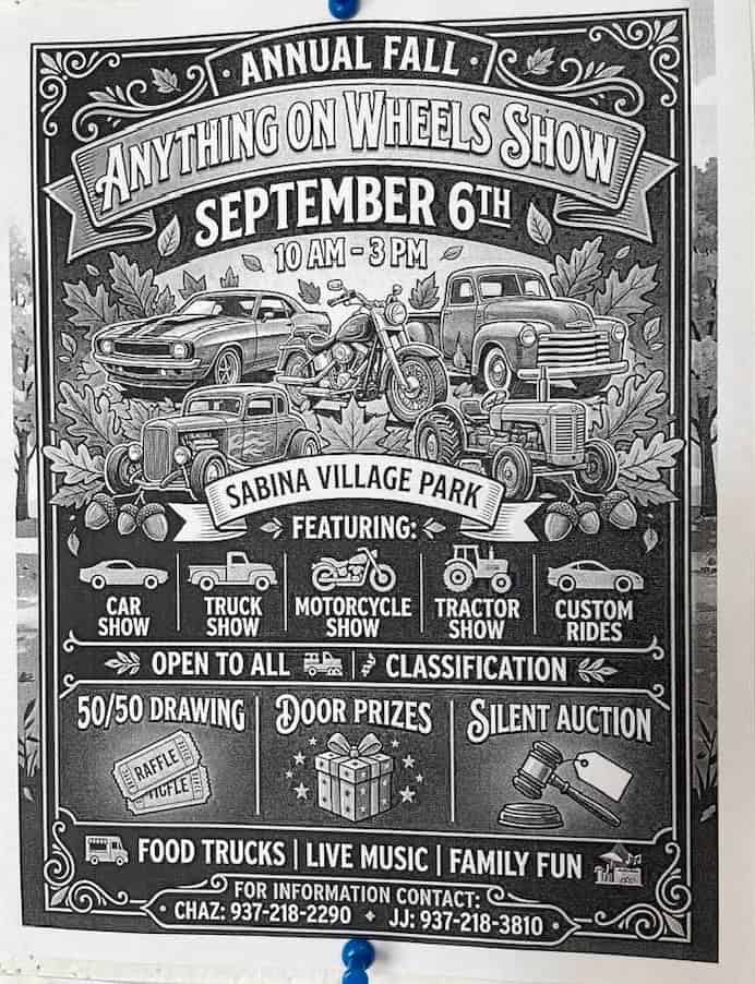Annual Fall Anything on Wheels Show event at Sabina Village Park in Sabina, OH on September 6, 2026