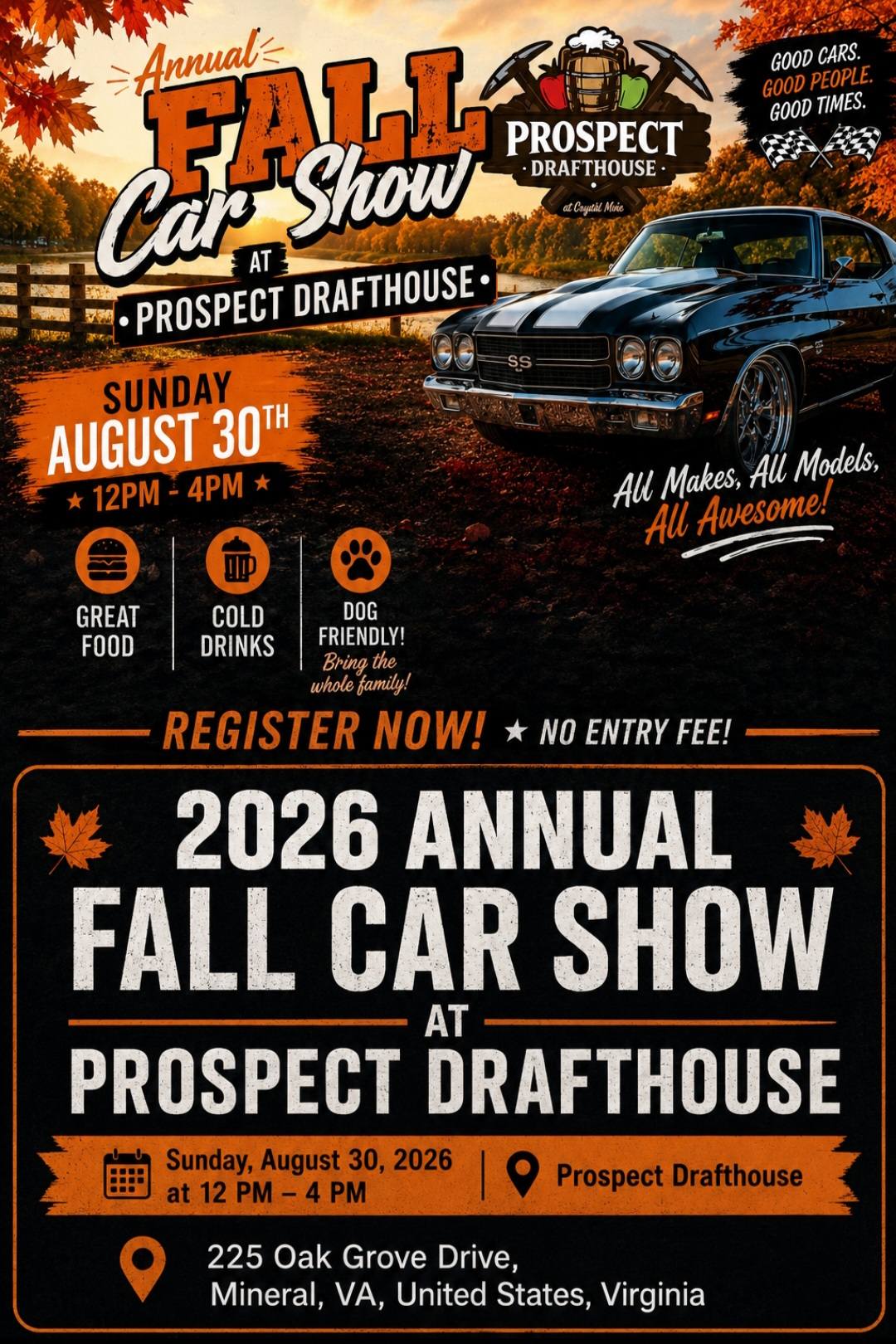 Annual Fall Car Show at Prospect Drafthouse event at Prospect Drafthouse in Mineral, VA on August 30, 2026