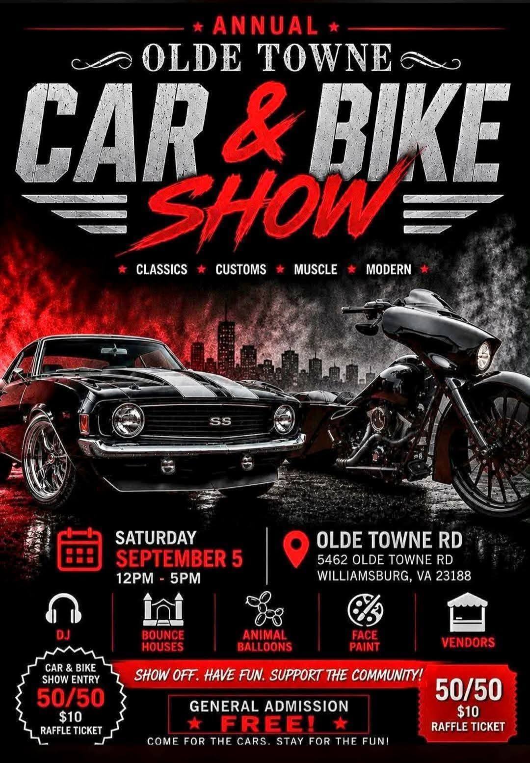 Annual Olde Towne Car & Bike Show event at 5462 Olde Towne Rd in Williamsburg, VA on September 5, 2026