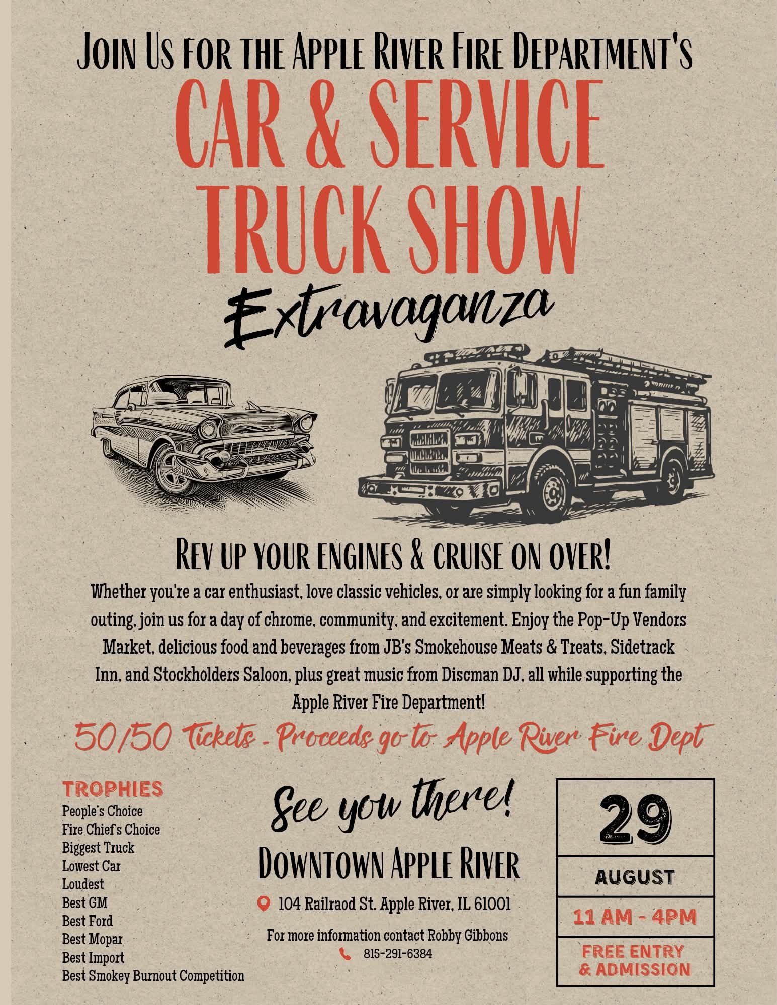 Apple River Fire Department's Car & Service Truck Show Extravaganza event at Downtown Apple River in Apple River, IL on August 29, 2026