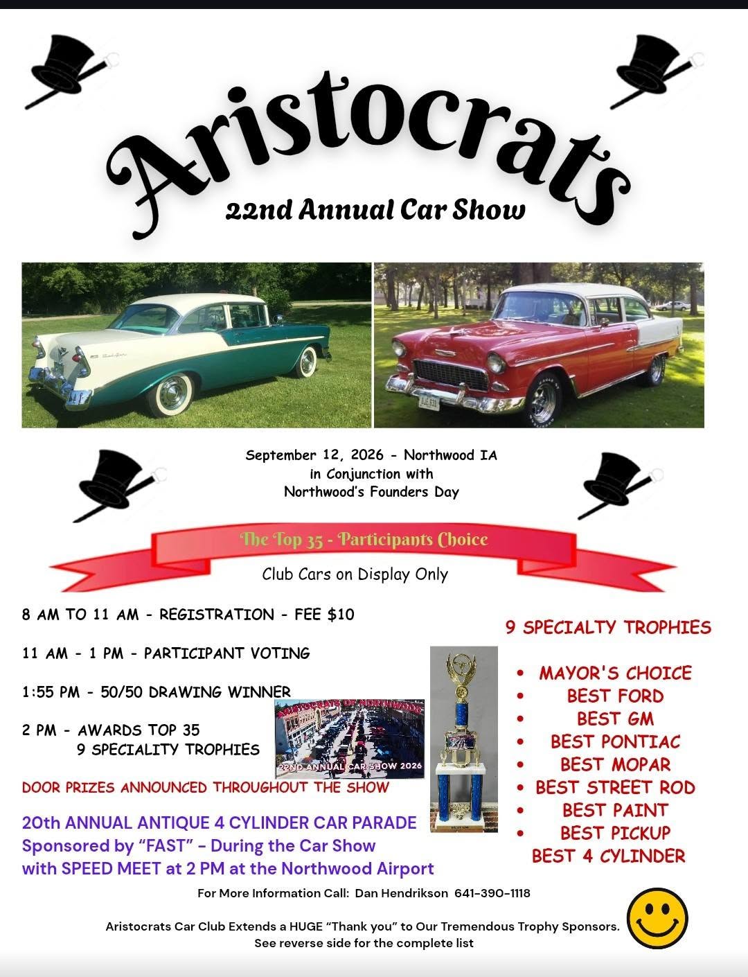 Aristocrats 22nd Annual Car Show event at Downtown Northwood in Northwood, IA on September 12, 2026