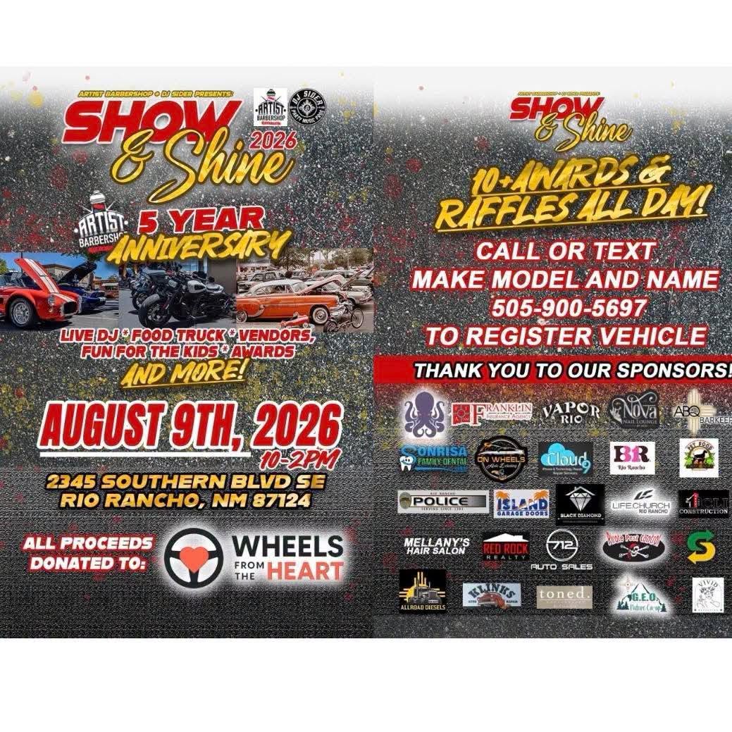 Artist Barbershop 5 Year Anniversary Show & Shine 2026 event at 2345 Southern Blvd SE in Rio Rancho, NM on August 9, 2026