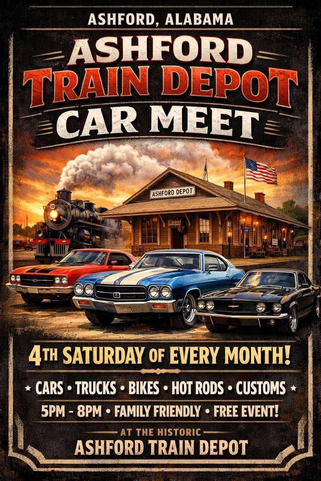 Ashford Train Depot Car Meet event at Ashford Train Depot in Ashford, AL on August 22, 2026