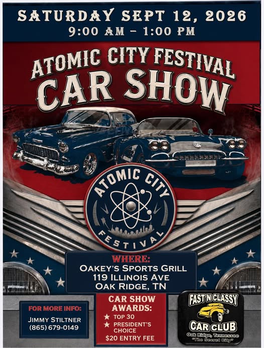 Atomic City Festival Car Show event at O'Akey's Sports Grill in Oak Ridge, TN on September 12, 2026
