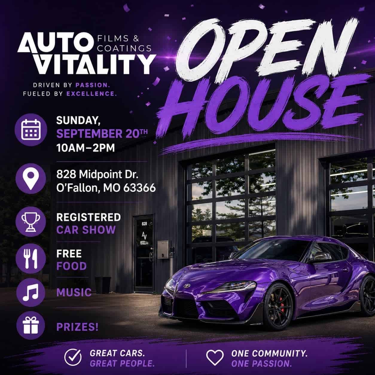 Auto Vitality Films & Coatings Open House event at 828 Midpoint Dr. in O'Fallon, MO on September 20, 2026
