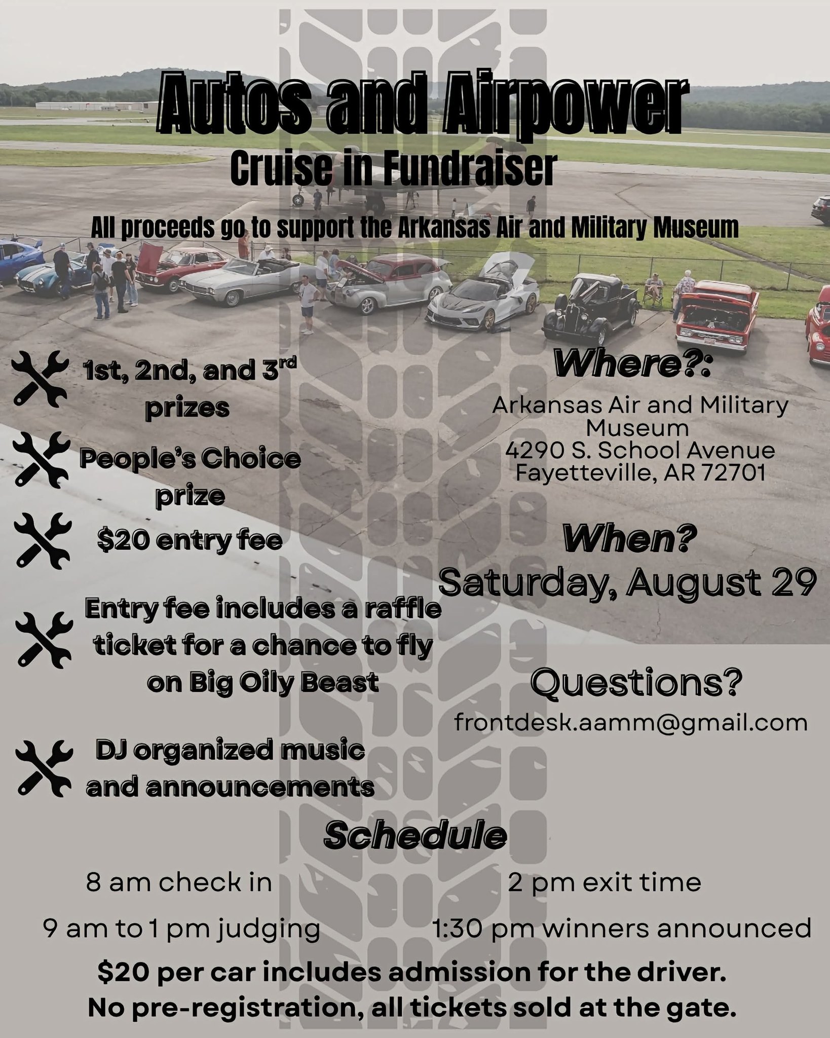 Autos and Airpower Cruise in Fundraiser event at Arkansas Air and Military Museum in Fayetteville, AR on August 29, 2026