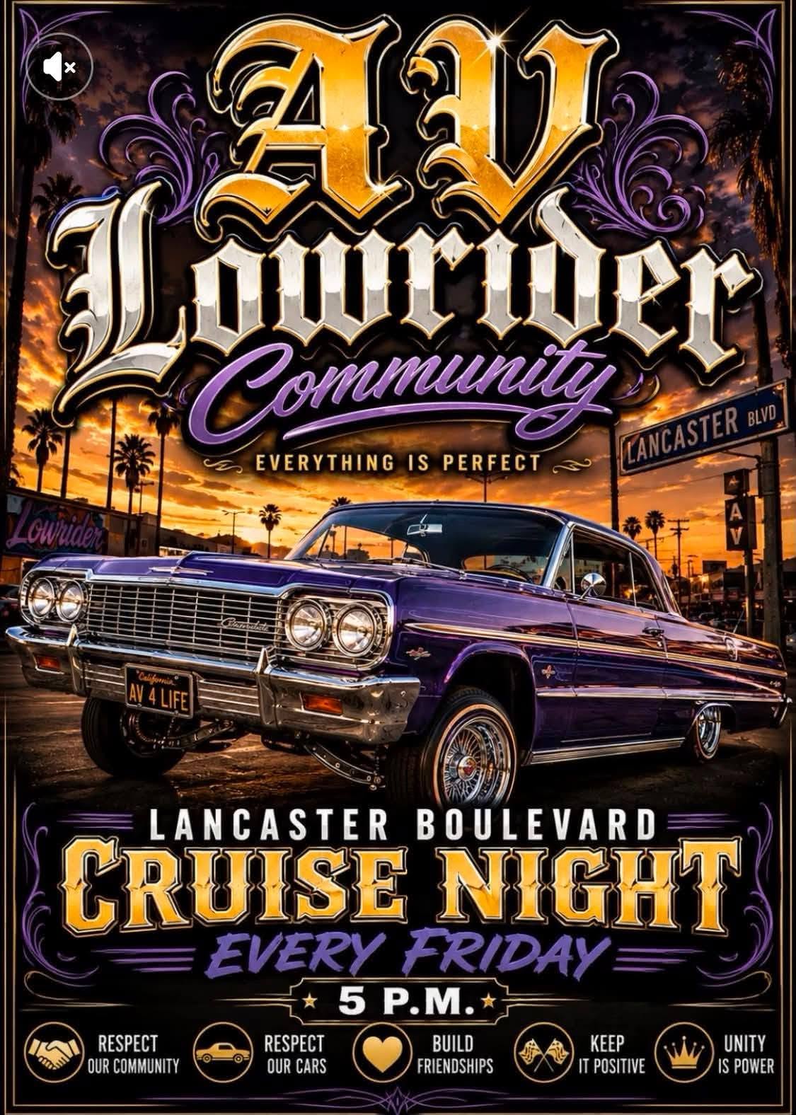 AV Lowrider Community Cruise Night event at Lancaster Boulevard in Lancaster, CA on August 7, 2026
