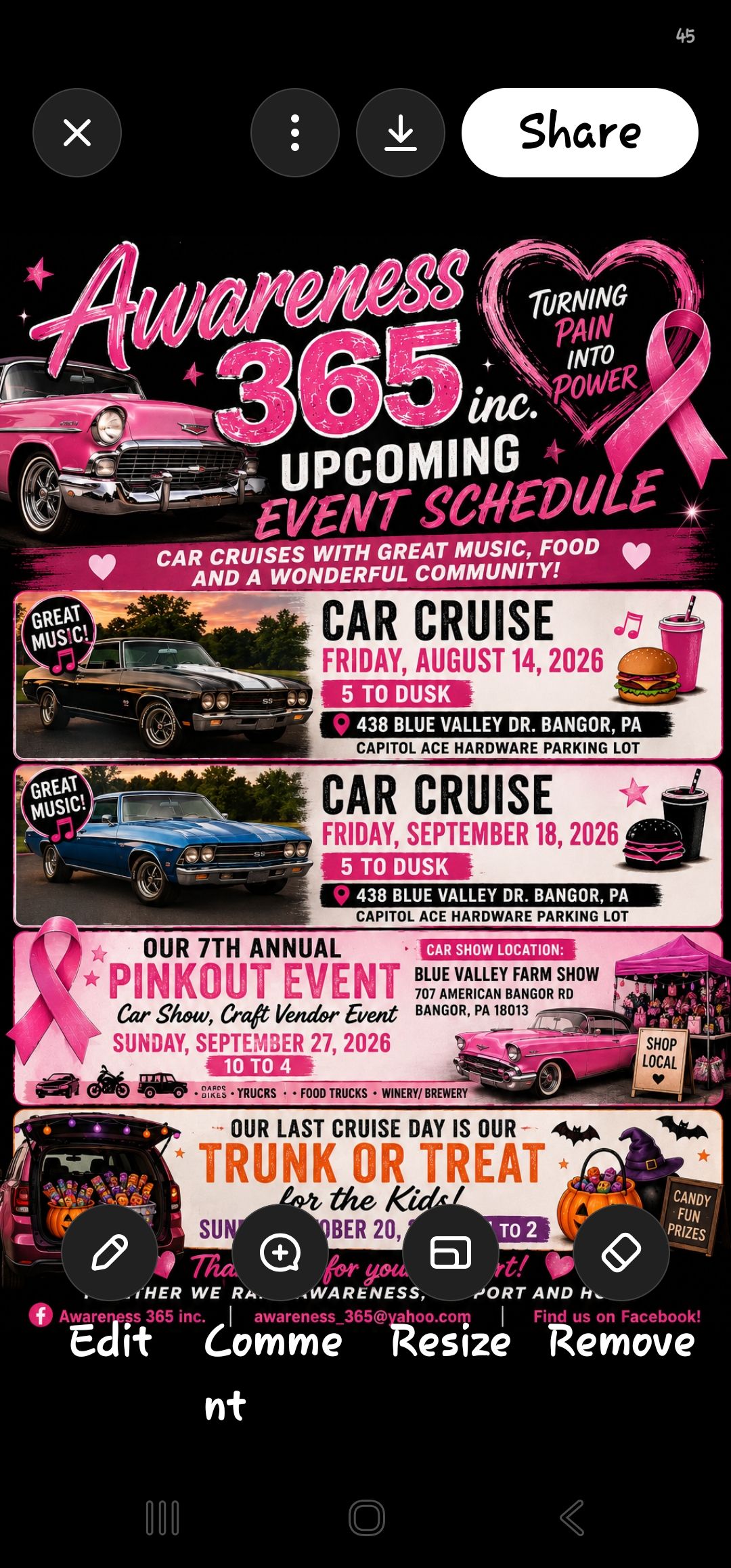 Awareness 365 Inc. Car Cruise event at Capitol Ace Hardware Parking Lot in Bangor, PA on August 14, 2026