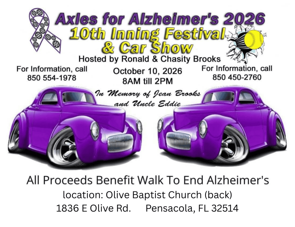Axles for Alzheimer's 10th Inning Festival & Car Show event at Olive Baptist Church in Pensacola, FL on October 10, 2026