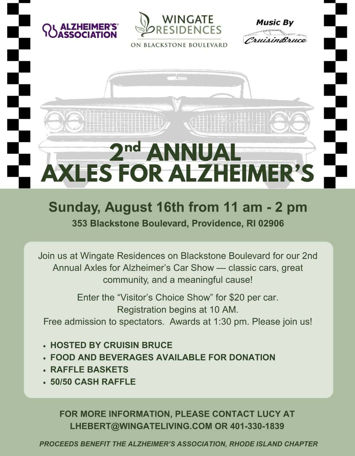 Axles for Alzheimer's Car Show event at Wingate Residences on Blackstone Boulevard in Providence, RI on August 16, 2026