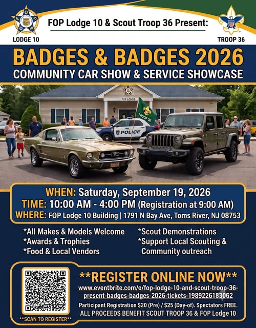 Badges & Badges 2026 Community Car Show & Service Showcase event at FOP Lodge 10 Building in Toms River, NJ on September 19, 2026