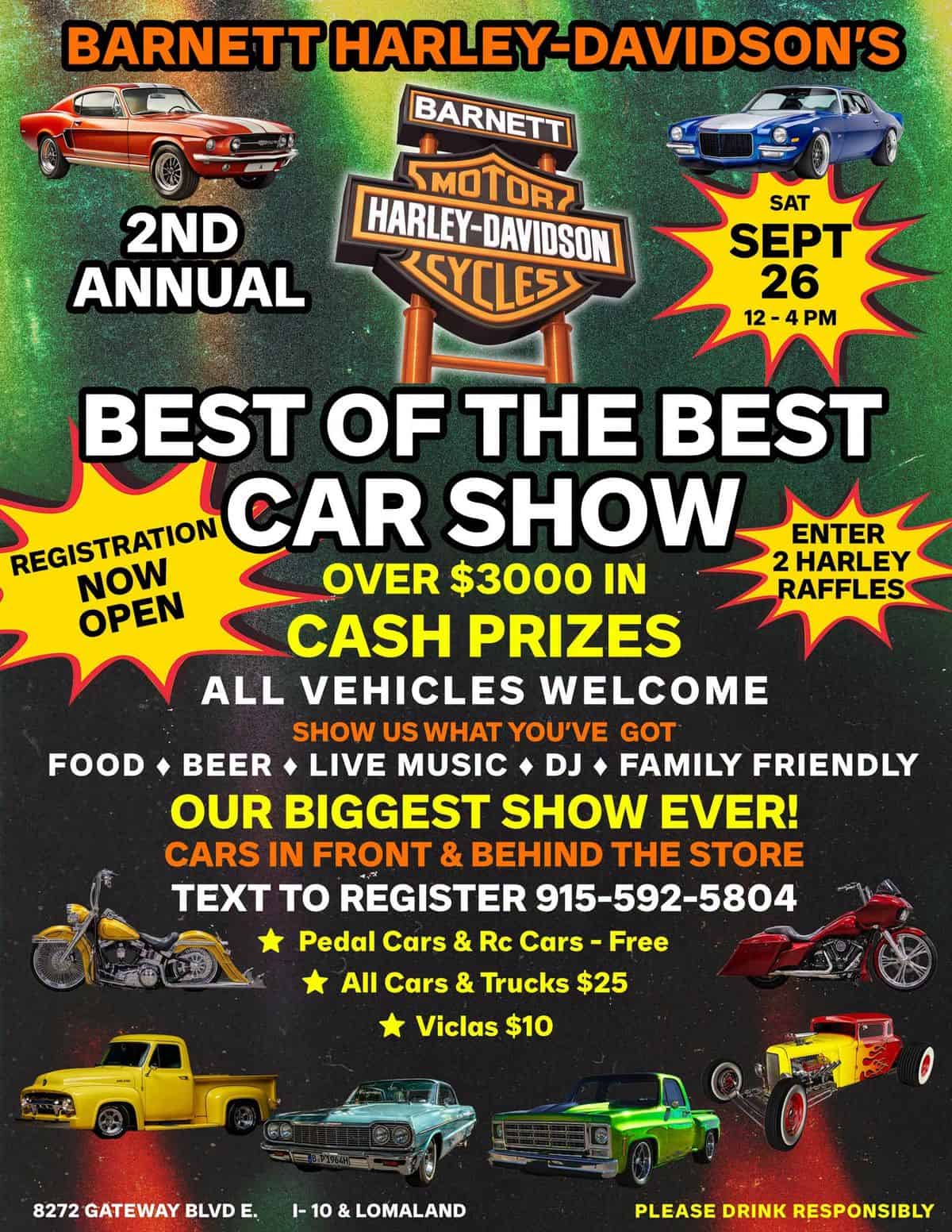 Barnett Harley-Davidson's Best of the Best Car Show event at Barnett Harley-Davidson in El Paso, TX on September 26, 2026