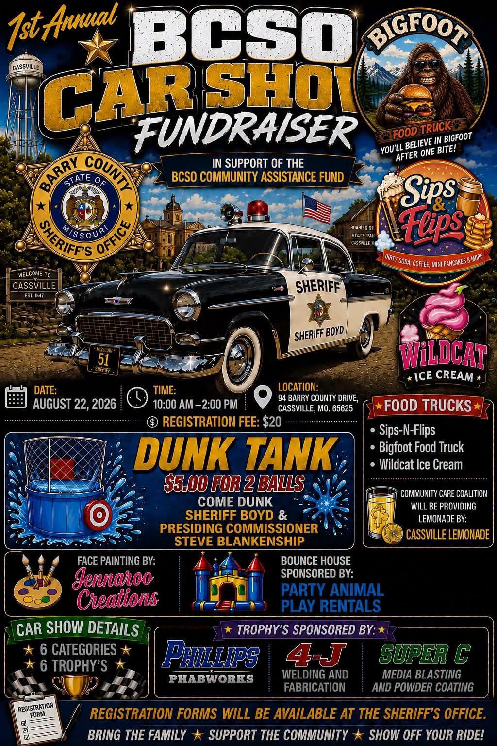 BCSO Car Show Fundraiser event at 94 Barry County Drive in Cassville, MO on August 22, 2026