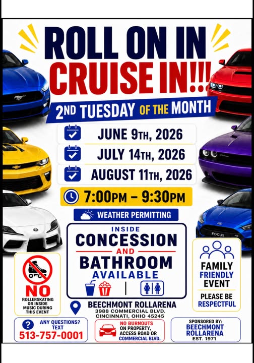 Beechmont Rollarena Monthly Car Cruise event at Beechmont Rollarena in Cincinnati, OH on August 11, 2026