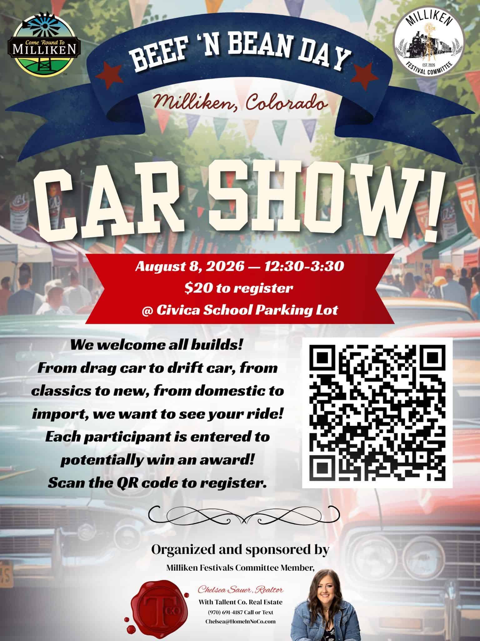 Beef 'n Bean Day Car Show event at Civica School Parking Lot in Milliken, CO on August 8, 2026