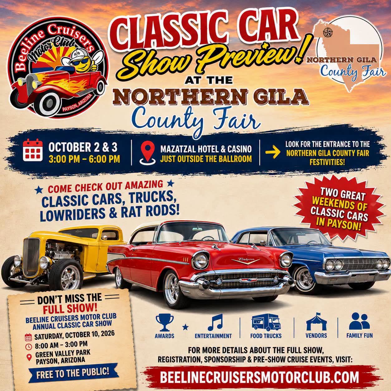 Beeline Cruisers Motor Club Classic Car Show Preview event at Mazatzal Hotel & Casino in Payson, AZ on October 2, 2026