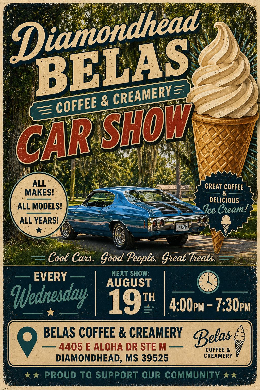 Belas Coffee & Creamery Car Show event at Belas Coffee & Creamery in Diamondhead, MS on August 19, 2026