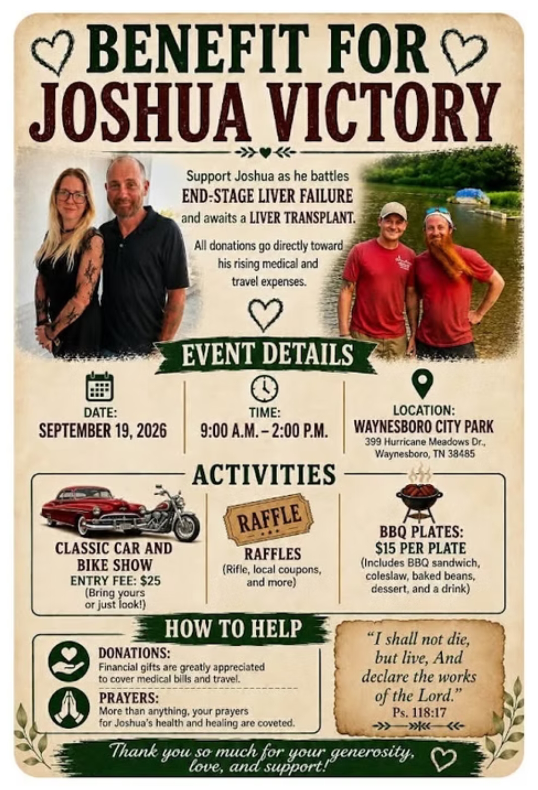 Benefit for Joshua Victory Car and Bike Show event at Waynesboro City Park in Waynesboro, TN on September 19, 2026