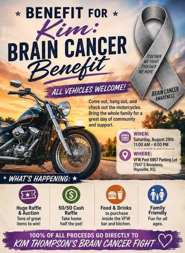 Benefit for Kim: Brain Cancer Benefit event at VFW Post 6957 in Haysville, KS on August 29, 2026