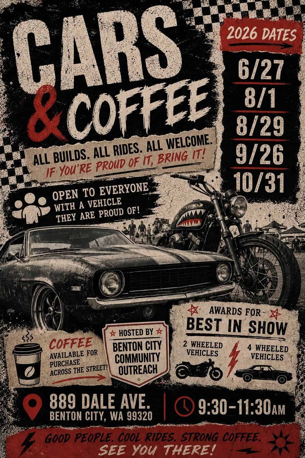 Benton City Community Outreach Cars & Coffee event at 889 Dale Ave. in Benton City, WA on August 29, 2026