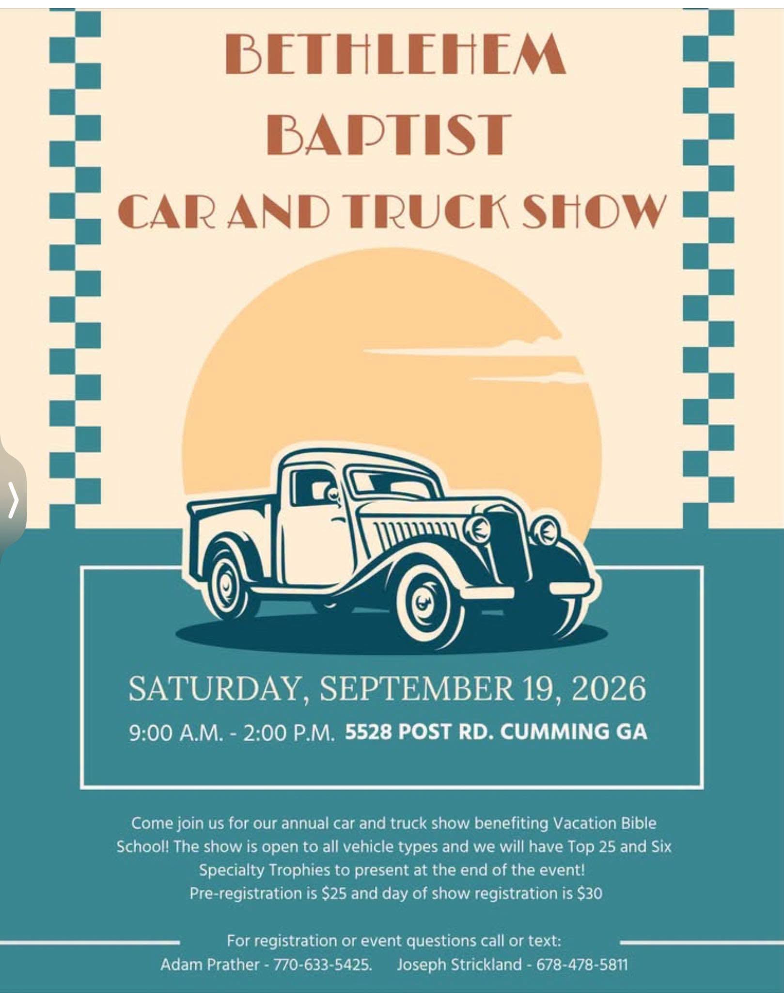 Bethlehem Baptist Car and Truck Show event at Bethlehem Baptist Church in Cumming, GA on September 19, 2026