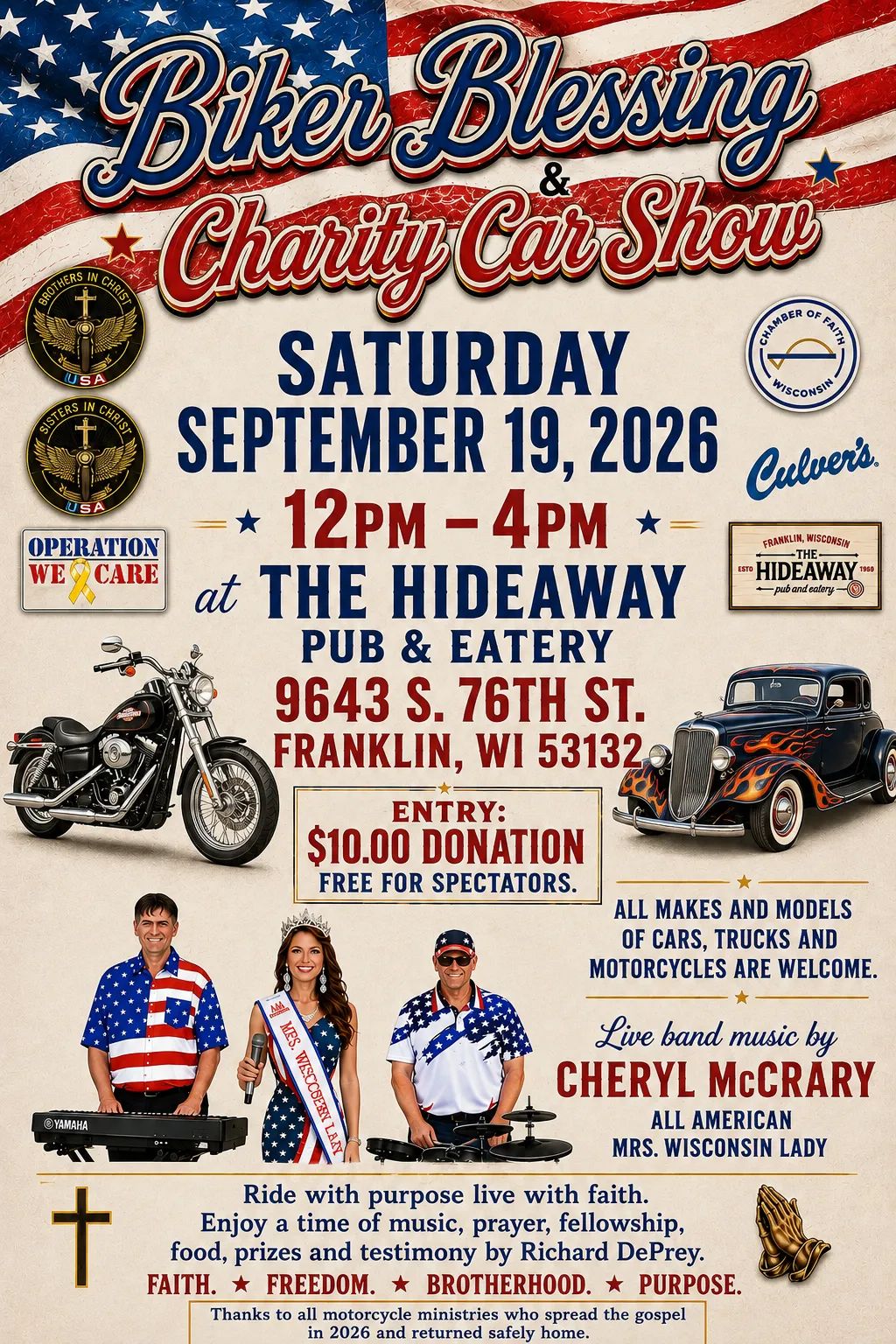 Biker Blessing & Charity Car Show event at The Hideaway Pub & Eatery in Franklin, WI on September 19, 2026