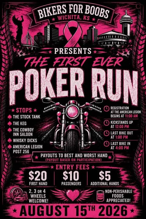 Bikers for Boobs First Ever Poker Run event at American Legion Post 256 in Wichita, KS on August 15, 2026
