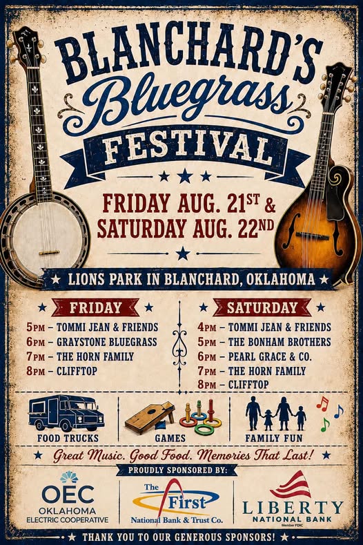 Blanchard's Bluegrass Festival event at Lions Park in Blanchard, OK on August 21, 2026