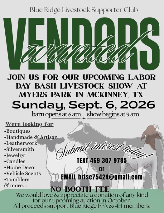 Blue Ridge Livestock Supporter Club Labor Day Bash Livestock Show event at Myers Park in McKinney, TX on September 6, 2026