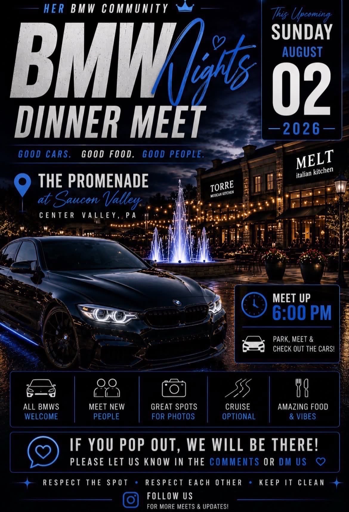 BMW Nights Dinner Meet event at The Promenade at Saucon Valley in Center Valley, PA on August 2, 2026
