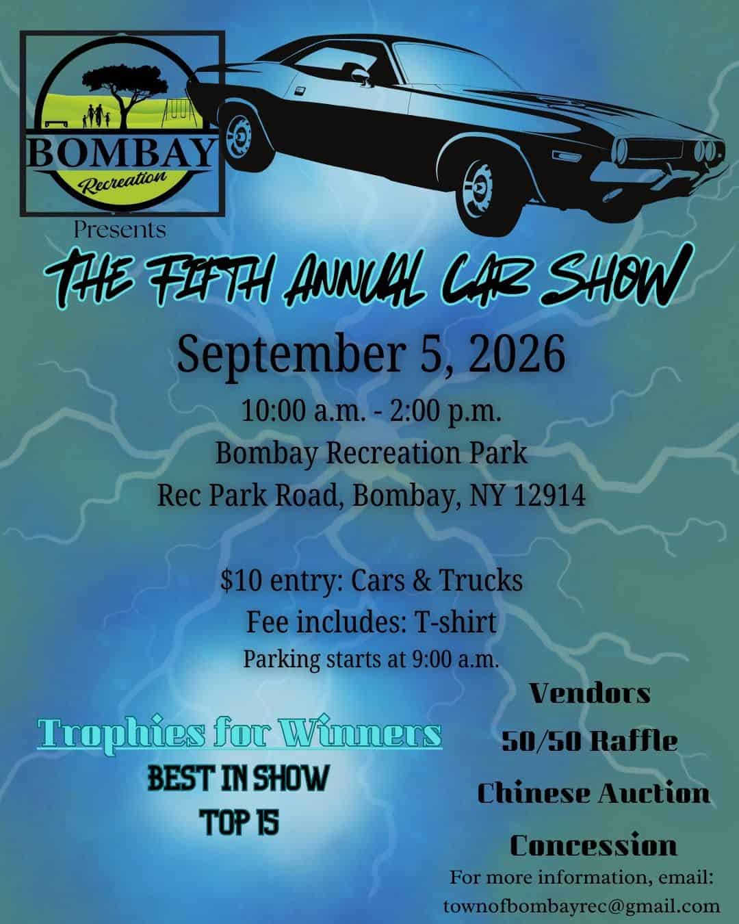 Bombay Recreation Fifth Annual Car Show event at Bombay Recreation Park in Bombay, NY on September 5, 2026
