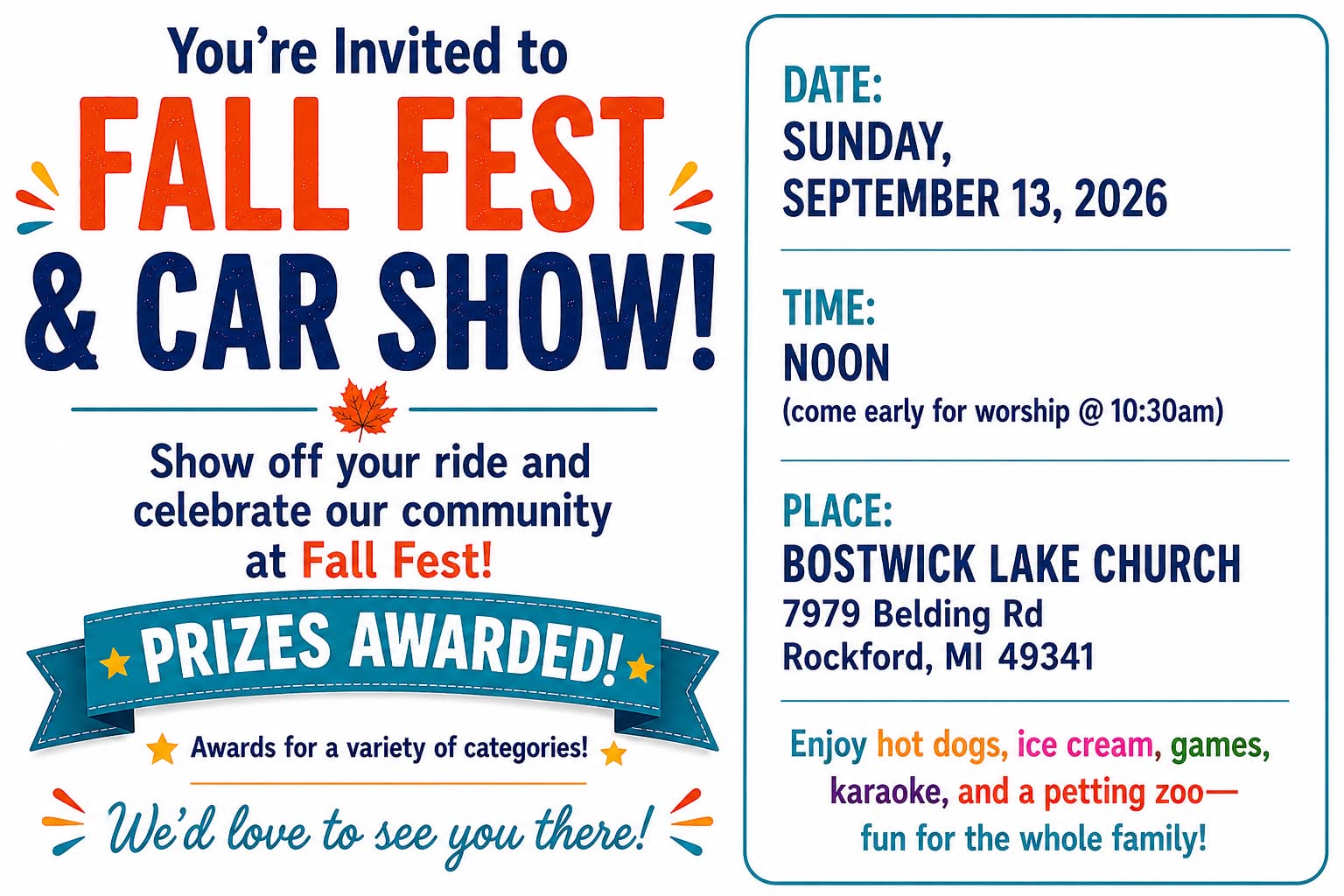 Bostwick Lake Church Fall Fest & Car Show event at Bostwick Lake Church in Rockford, MI on September 13, 2026