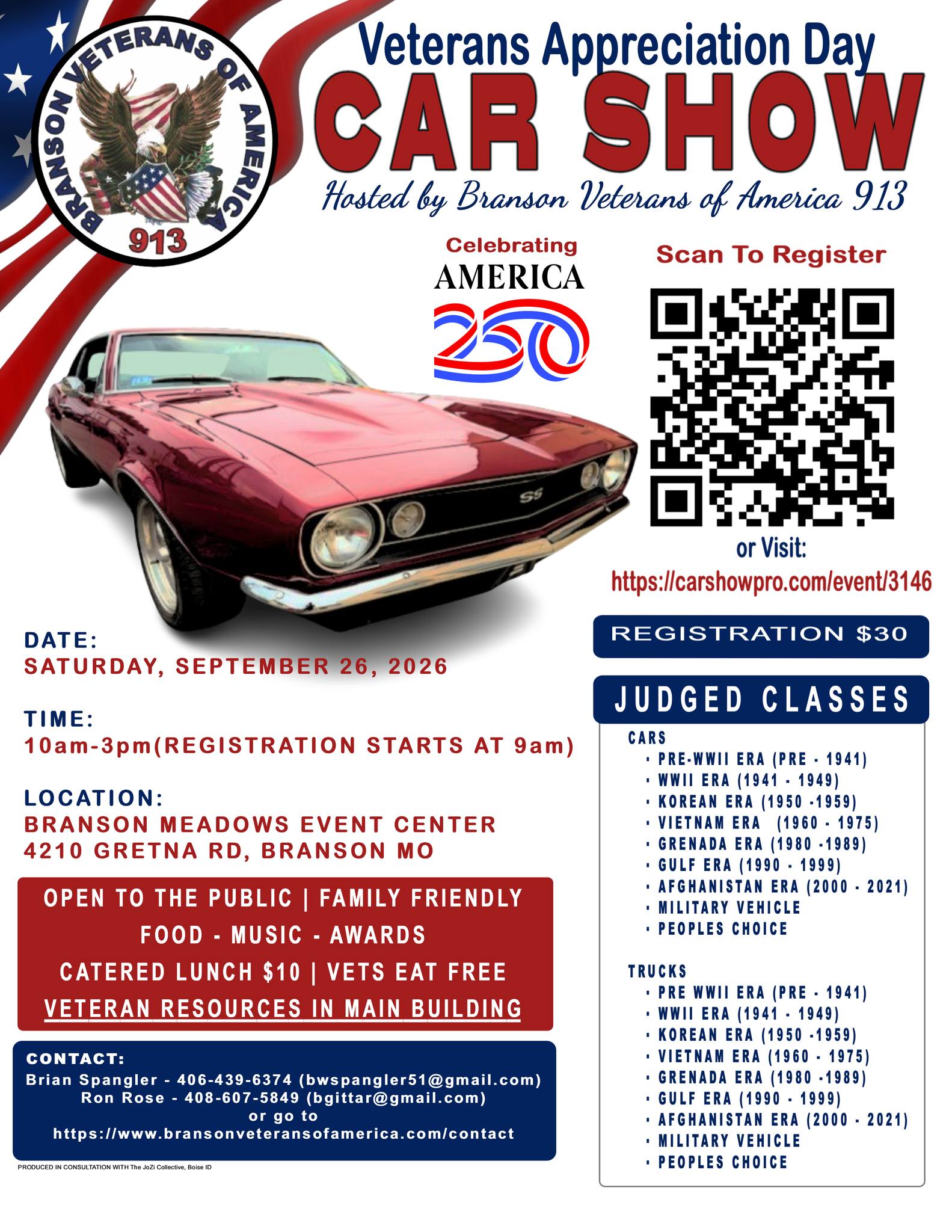 Branson Veterans of America 913 Veterans Appreciation Day Car Show event at Branson Meadows Event Center in Branson, MO on September 26, 2026